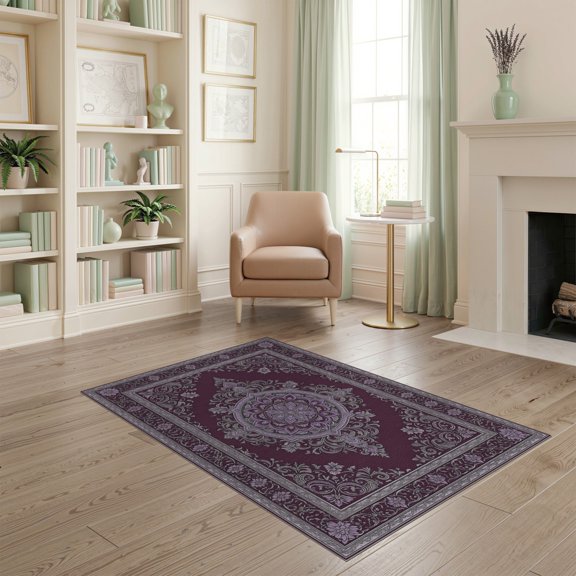 ODIKA Plum Distressed Scroll Border Pink Mauve Boho Purple Vintage Refined Structured Stain Resistant Low Profile for Dorm Room, Small Living Apartment