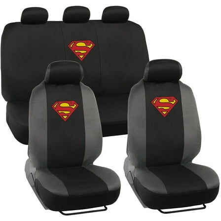 BDK Warner Brothers DC Superman Front & Rear Car Seat Covers Full Set - Easy to Install Durable & Polyester Car Seat Cover - All Vehicles Airbag Compatible Universal Car Accessories (Black & Gray)