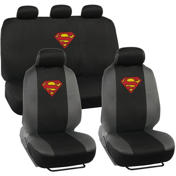 BDK Warner Brothers DC Superman Front & Rear Car Seat Covers Full Set - Easy to Install Durable & Polyester Car Seat Cover - All Vehicles Airbag Compatible Universal Car Accessories (Black & Gray)