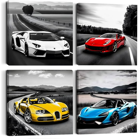 Car Wall Art 4PC Sports Car Canvas Wall Art Framed Colorful Supercar Painting Picture Racing Car Garage Wall Decor Black and White Themed Modern Canvas Prints for Boys Room Men Bedroom Office