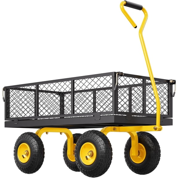 900 Lbs Heavy Duty Steel Garden Cart, Garden Wagon Cart on Wheels, Outdoor Metal Yard Utility Wagon Carts with 10" Tires and Mesh Removable Sides(Convert to Flatbed) and 180°Rotating Handle