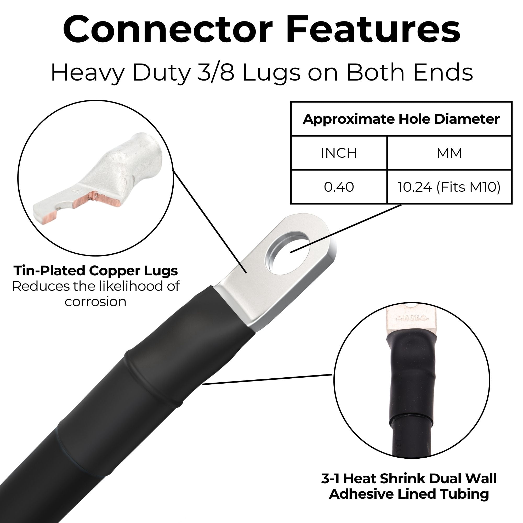 4 AWG Battery Cable with Battery Terminals, Pure Copper Wire, Automotive, Solar Power Inverter, Welding, Golf Cart, Lawn Mower, Motorcycle (Black Wire, 5 FT (60 in), 3/8" Lugs on Both Ends, 1pc)