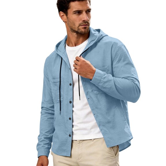 Havenx Cotton Linen Shirts for Men Button Down Long Sleeves Hooded Shirt with Pockets Hoodie Retro Casual Lightweight Summer Beach Top,Sky Blue S