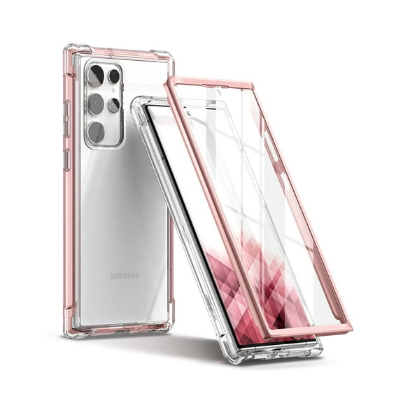 SURITCH for Samsung Galaxy S22 Ultra Clear Case 6.8" (Only), [Built-in Screen Protector] Full Body Protective Hard Shell Soft TPU Phone Case for Samsung S22 Ultra -(Rose Gold Edge)