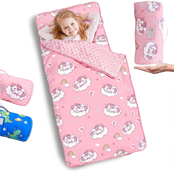 Teblint Thickened Toddler Nap Mat with Removable Pillow & Minky Blanket, 51''x20'' Sleeping Bag, Washable, Roll up, Perfect for Daycare, Preschool, Kindergarten, Boys and Girls Pink