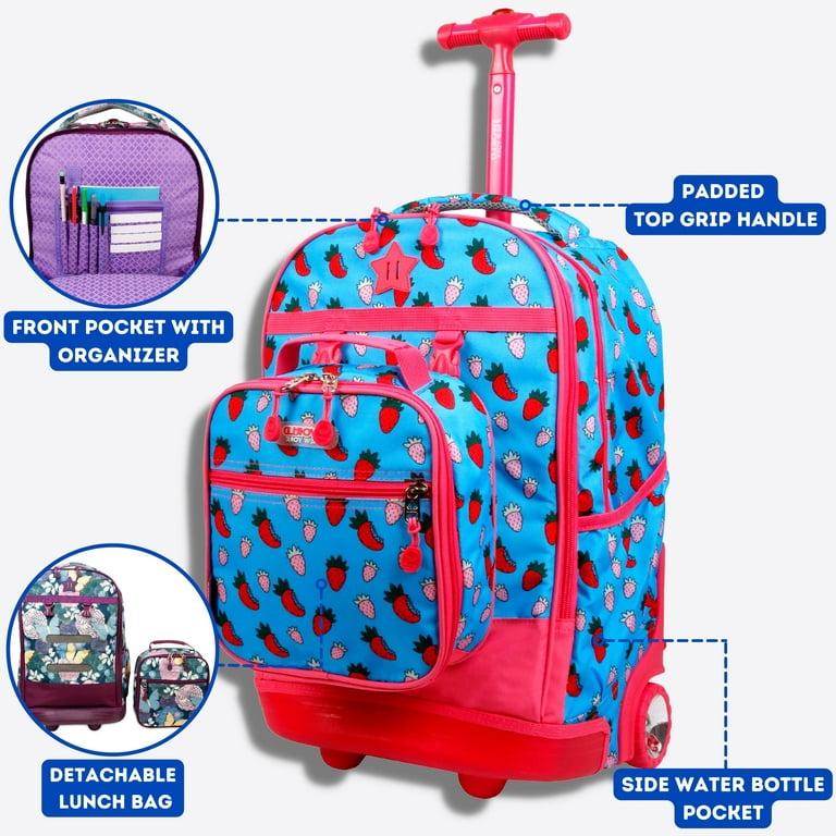 J World Girls Duo 18 Kids Rolling Backpack with Detachable Lunch Box Set  for School, Strawberry 