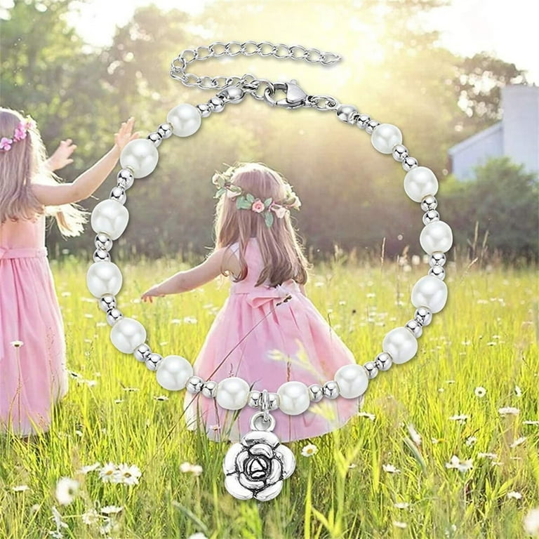 AUNOOL Flower Girl Bracelets for Girls Kids Wedding Gifts Rhinestone Pearl  Bracelet Charm Bracelets Wedding Party Charm for Flower Girl Bridemaid