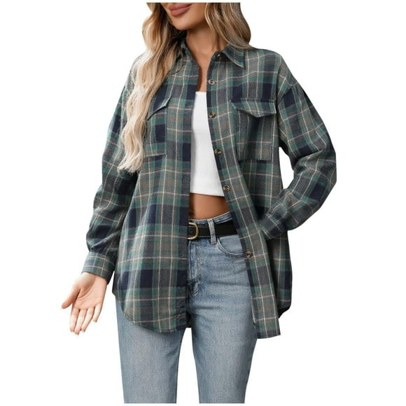 ZJXFGS Flannel Shirt Women Oversized Womens Flannel Jacket Womens Plaid Flannel Shirts Fall Shackets for Women 2025 Blue 2XL