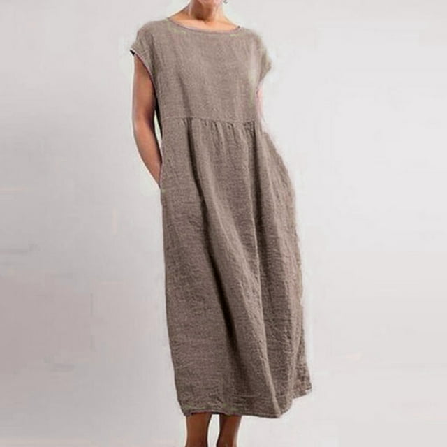 Mikilon Robe Longue Kaftan Ample en Lin Uni Sans Manches à Col Rond avec Poches pour Femmes