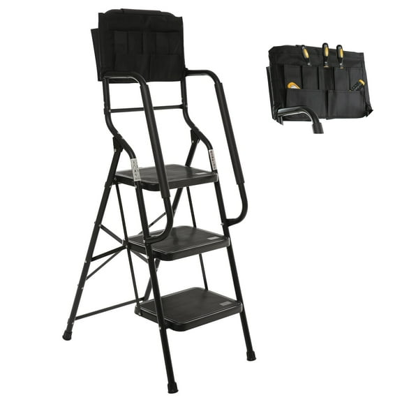 3 Step Ladder with Handrails & Tool Bag, 500 lb Folding Step Stool, Non-Slip Wide Pedal Steel Stepladder, Heavy Duty Portable Safety Ladder for Home Kitchen Garage Black