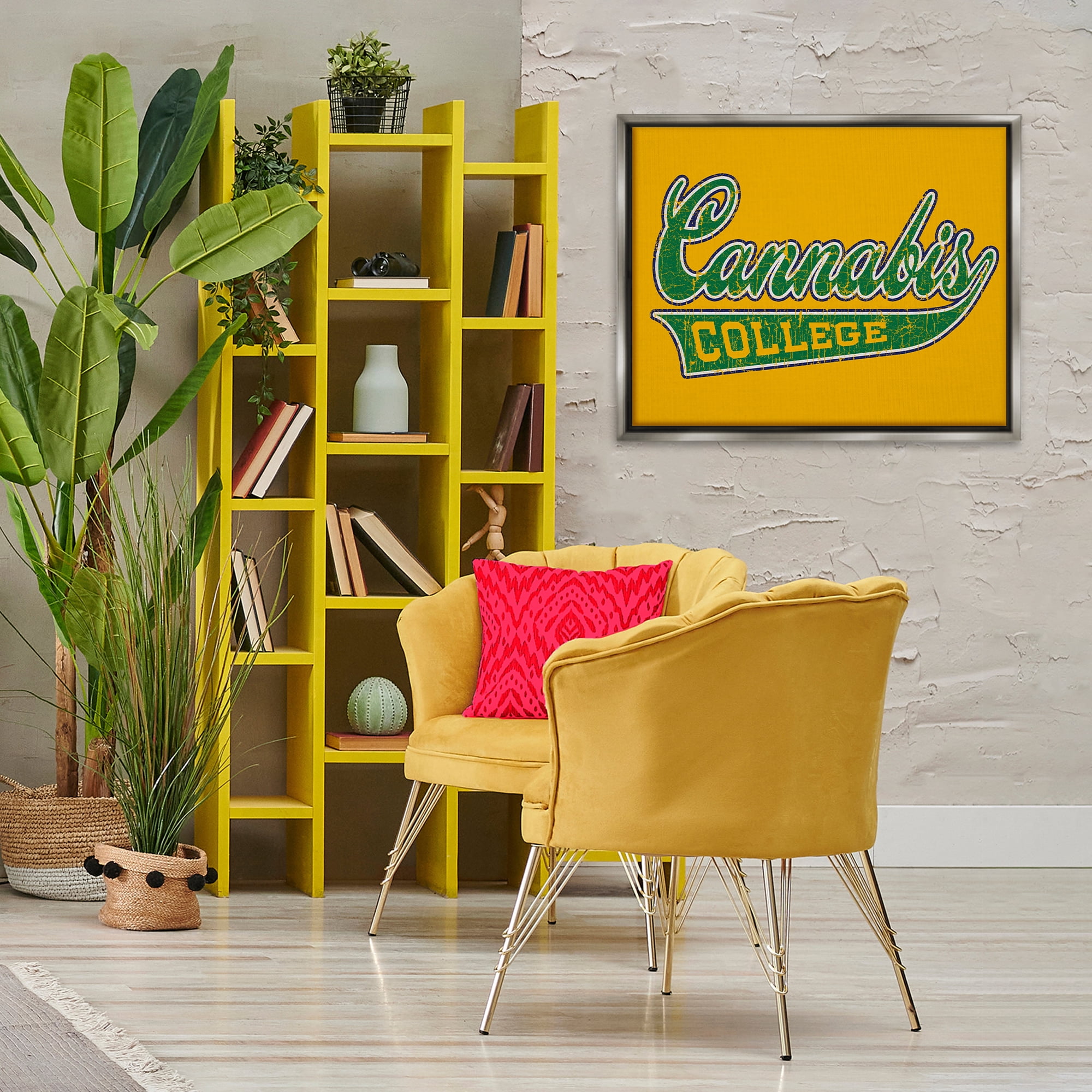 Stupell Industries Cannabis College Varsity Novelty & Humor Painting Gray Floater Framed Canvas Art Print Wall Art, 31 x 25
