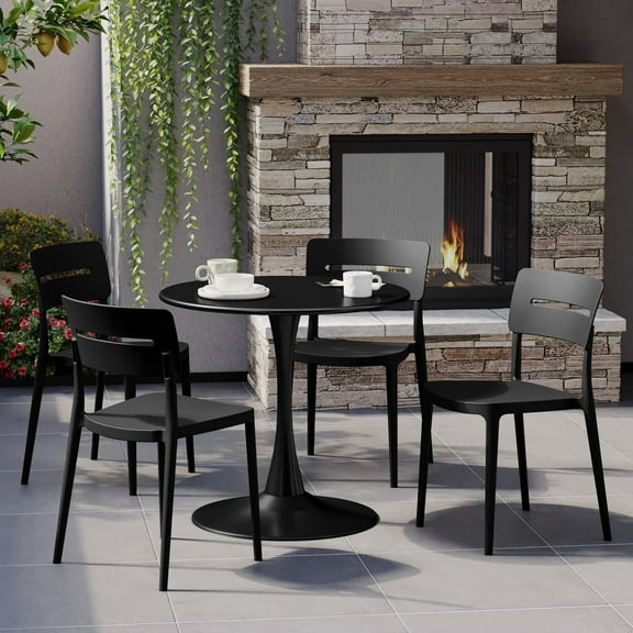 WestinTrends Playa 5-Piece Outdoor Indoor Round Metal Patio Dining Table Set With Stackable Patio Chairs, Black