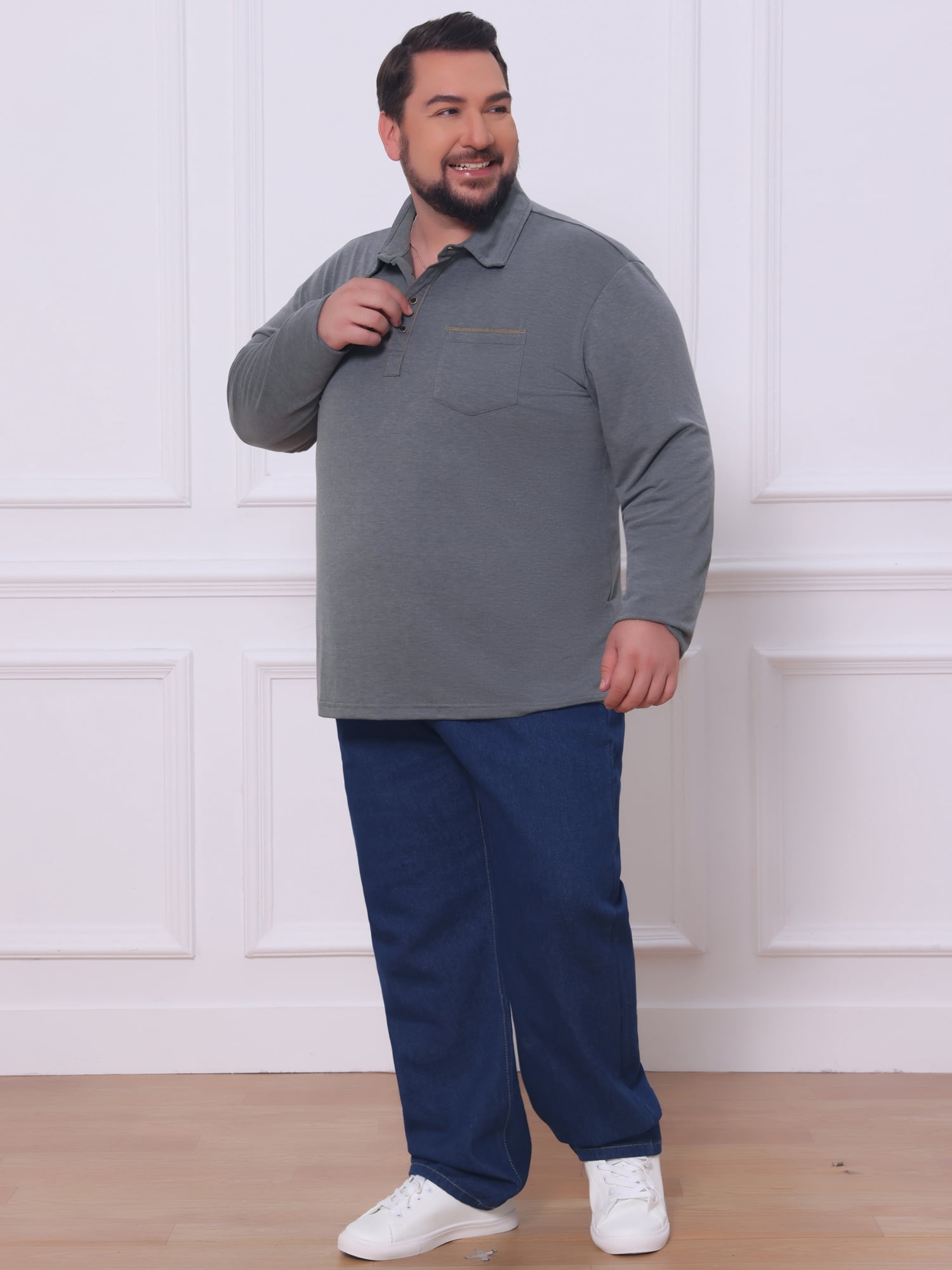 DARING DIVA Men's Big Tall Chest Pocket Long Sleeve Business Polo Shirt 3XL Gray