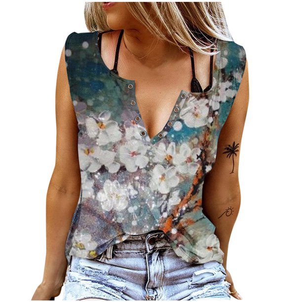 Blusa sin mangas con cuello en V y estampado informal a la moda para mujer Fridja gh7206
