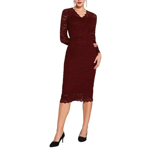 VESTIDO MIDI DE ENCAJE FLORAL CON MANGAS LARGAS TRANSPARENTES Y ESCOTE EN V PARA MUJER INSPIRE CHIC S VINO ROJO