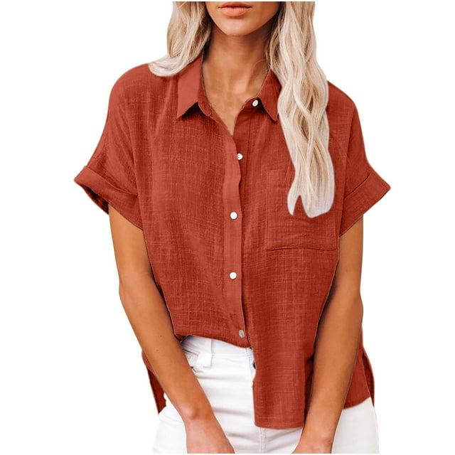 DPTALR Women's Tops Solid Button Shirt Female V-Neck Loose T-shirt Blouse