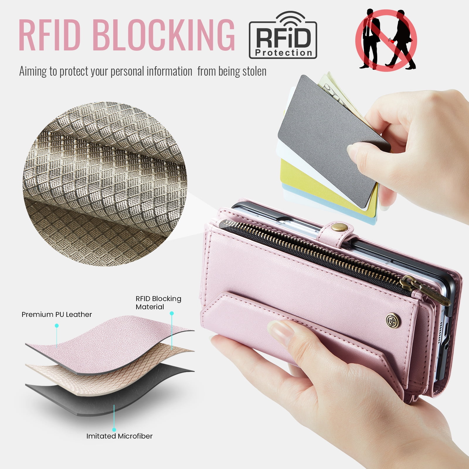 Dteck for Samsung Galaxy Z Fold 5 Case with RFID Blocking Wallet Case for Women Men, Shockproof PU Leather Magnetic Flip Strap Zipper Card Holder Phone Case,Pink