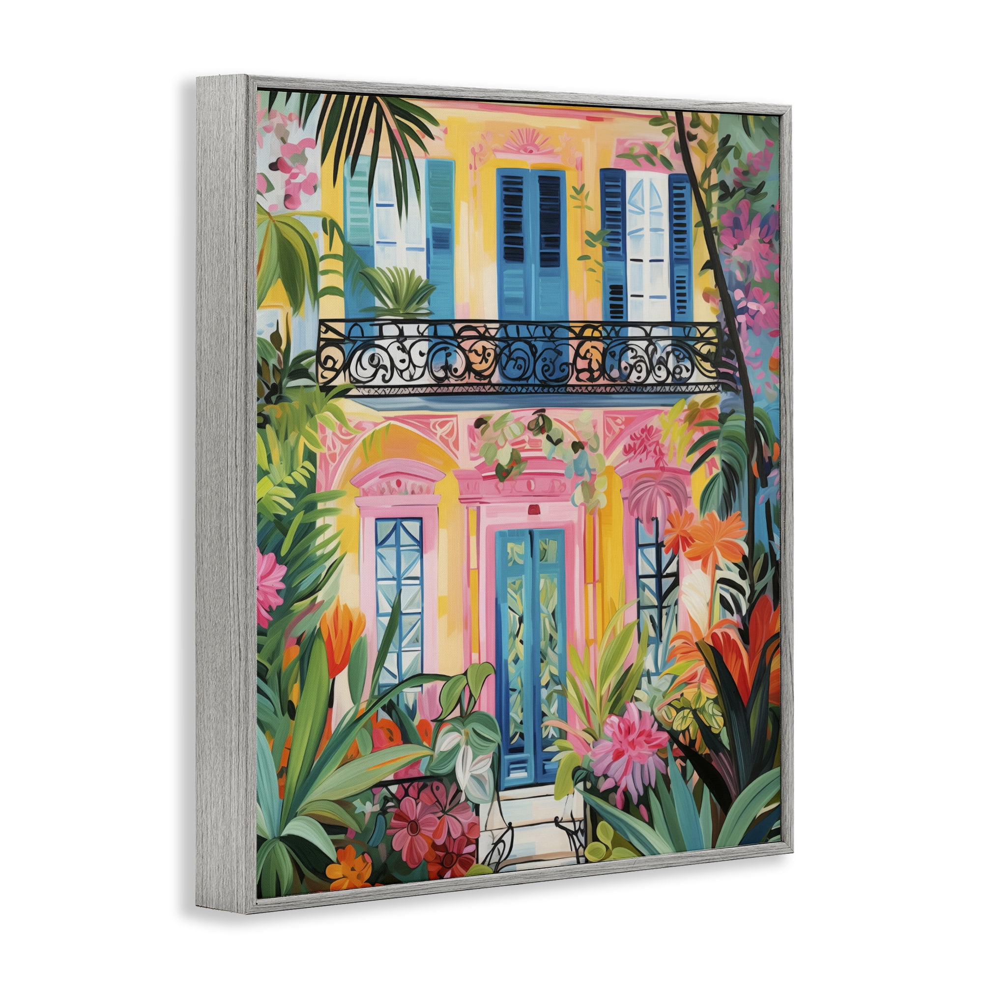Stupell Industries Colorful Facade with Tropical Garden Gray Framed Giclee Art, design by LSR Design Studio