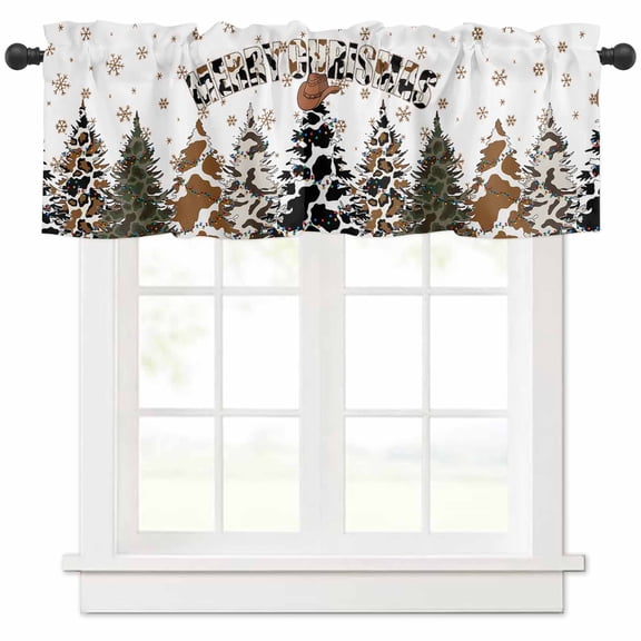 Merry Christmas Valances for Windows, Xmas Tree Cowboy Hat Light Filtering Window Treatment Valances, Rod Pocket Small Curtains for Kitchen/Bathroom, 60"x18"