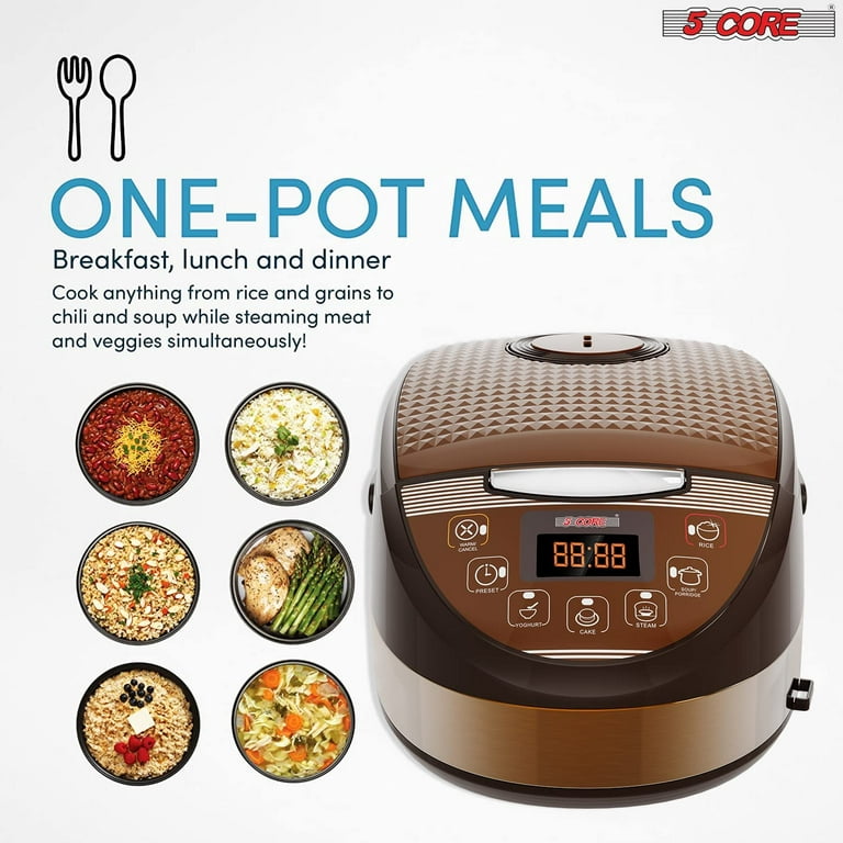5 Core 5.3Qt Asian Rice Cooker Digital Programmable 15-in-1 Ergonomic Large  soft Touch push button Electric Multi Cooker, Steamer Pot, Warmer 11 Cups  24 Hour Delay Timer Auto Keep Warm Feature RC 0502 