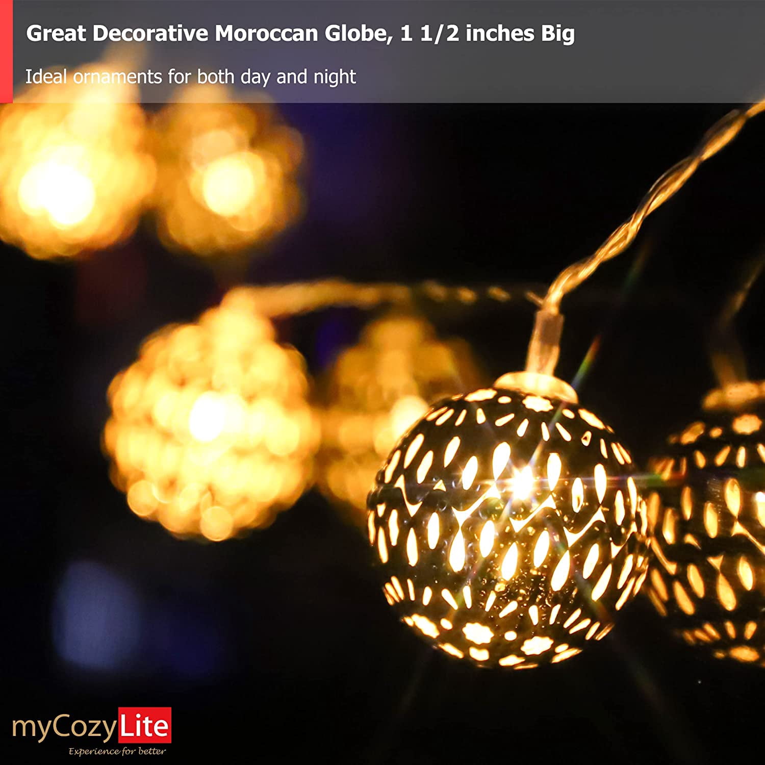 Moroccan String Lights Gold Plug in 20 LED Globe String Lights for Wedding Party, Home Decor, Classroom, Birthday, Christmas, Indoor Outdoor, Metal Orbs, 8 Functions, Timer, Connectable, 10 ft