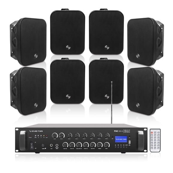 Sound Town Commercial Restaurant Bluetooth Amplifier   Surface-Mount Speaker Set, with One 6-Zone 70V/100V Amplifier with Bluetooth, 8 x 5.25-Inch Surface-Mount Speakers, Black (PAC360X8MS5B)
