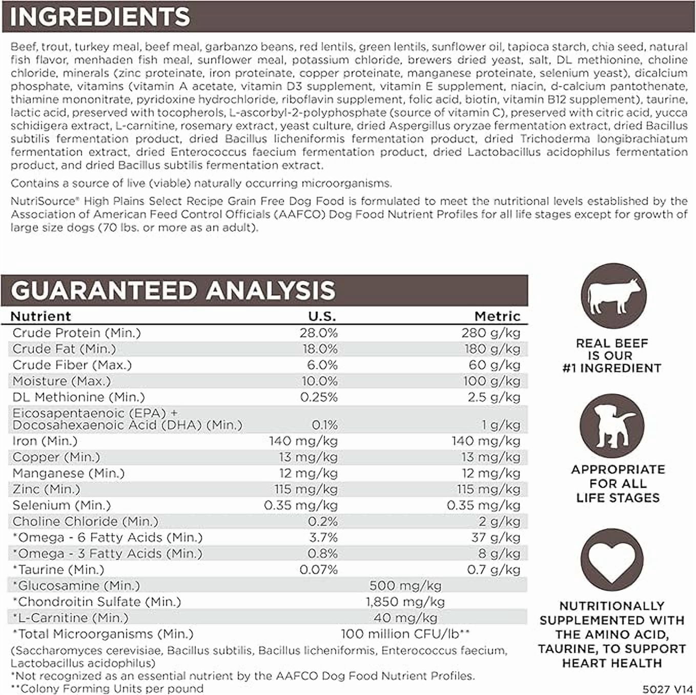NutriSource High Plains Select Grain-Free Dry Dog Food, Beef, Trout and Turkey Meal, 26LB