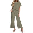thumbnail image 4 of Women Short Sleeve Casual 2 Piece Sets Stripe Print Shirt Tops and Wide Leg Pants Lounge Sets, 4 of 6