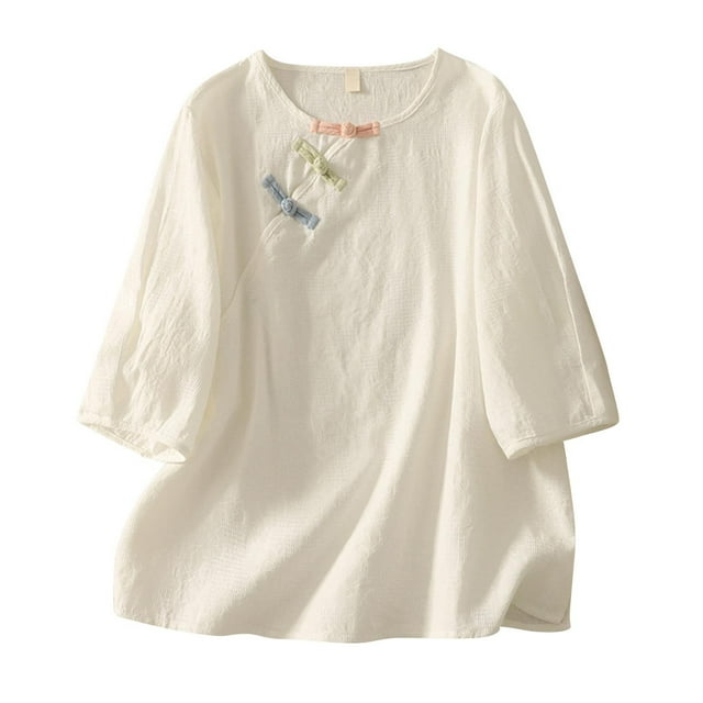 Women's Embroidered 3/4 Sleeve Button Down Blouse Imitation Linen Casual Round Neck Tunic Style Comfortable Top