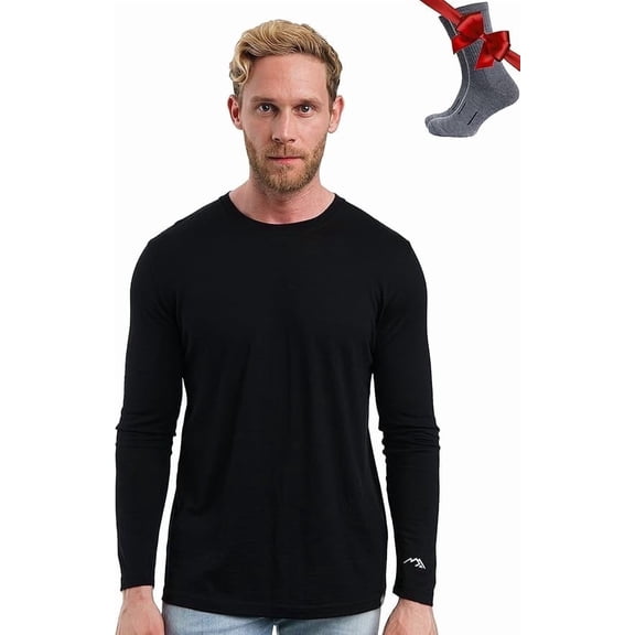 Merino.tech Men's Merino Wool Long Sleeve Base Layer with Socks, Black, Size S