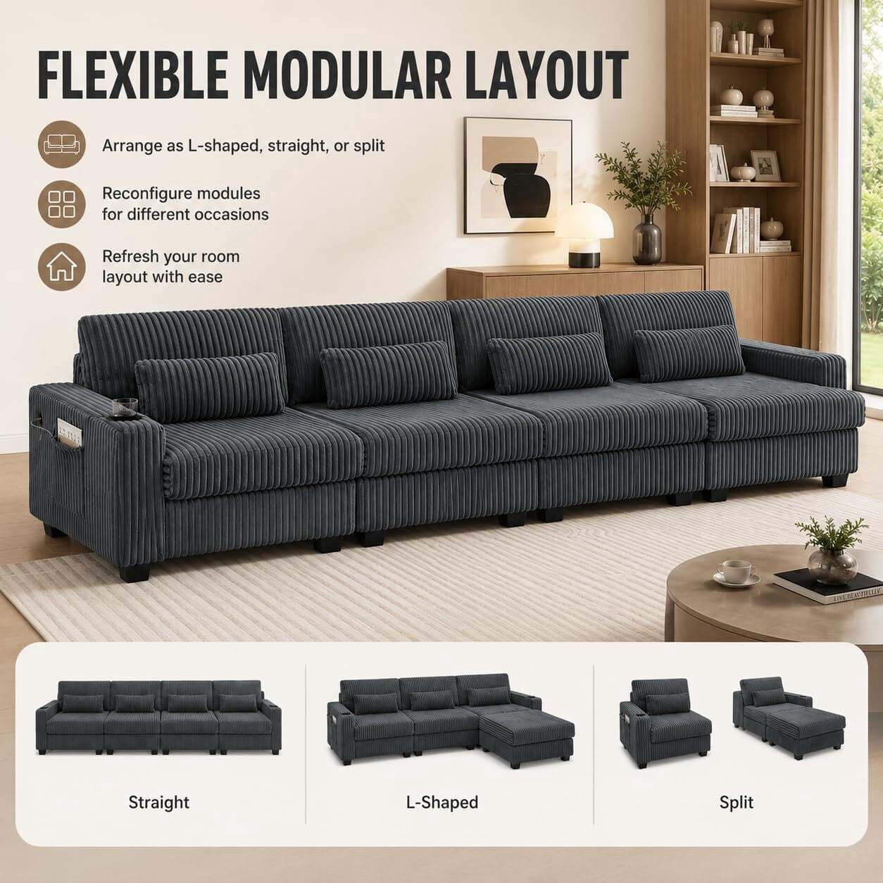 Howcool 125" L-Shaped Sectional Sofa, 5 Seat Deep Seat Corduroy Couch with Movable Ottoman, Modular Cloud Couch with Cup Holders & Lumbar Pillows for Living Room, Grey