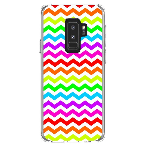 DistinctInk Clear Shockproof Hybrid Case for Samsung Galaxy S9  PLUS (6.2" Screen) - TPU Bumper, Acrylic Back, Tempered Glass Screen Protector - Rainbow White Stripes Wave - Stripes Pattern
