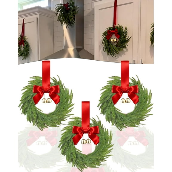 JEWLALO 3PCS Mini Christmas Wreaths for Cabinets, 6" Tiny Holiday Wreaths with Pinecones, Red Berries & Bows, Festive Xmas Mini Garland Decor for Cabinets, Chairs, Windows & Gifts