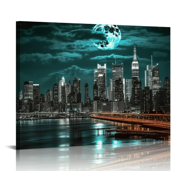 COMIO Wall Art for Living Room City Canvas Wall Art New York Skyline Night View Picture Painting Modern Giclee Canvas Prints Modern Home Wall Decoration Stretched Canvas Ready to Hang 20x16 inch