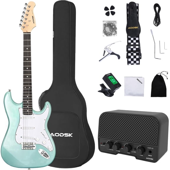 AODSK 39" Beginner Electric Guitar Full Size Kit with Amp, SSS Pickup, Solid Wood Body, Digital Tuner, Six Strings, Four Picks, Tremolo Bar, Strap, Gig Bag