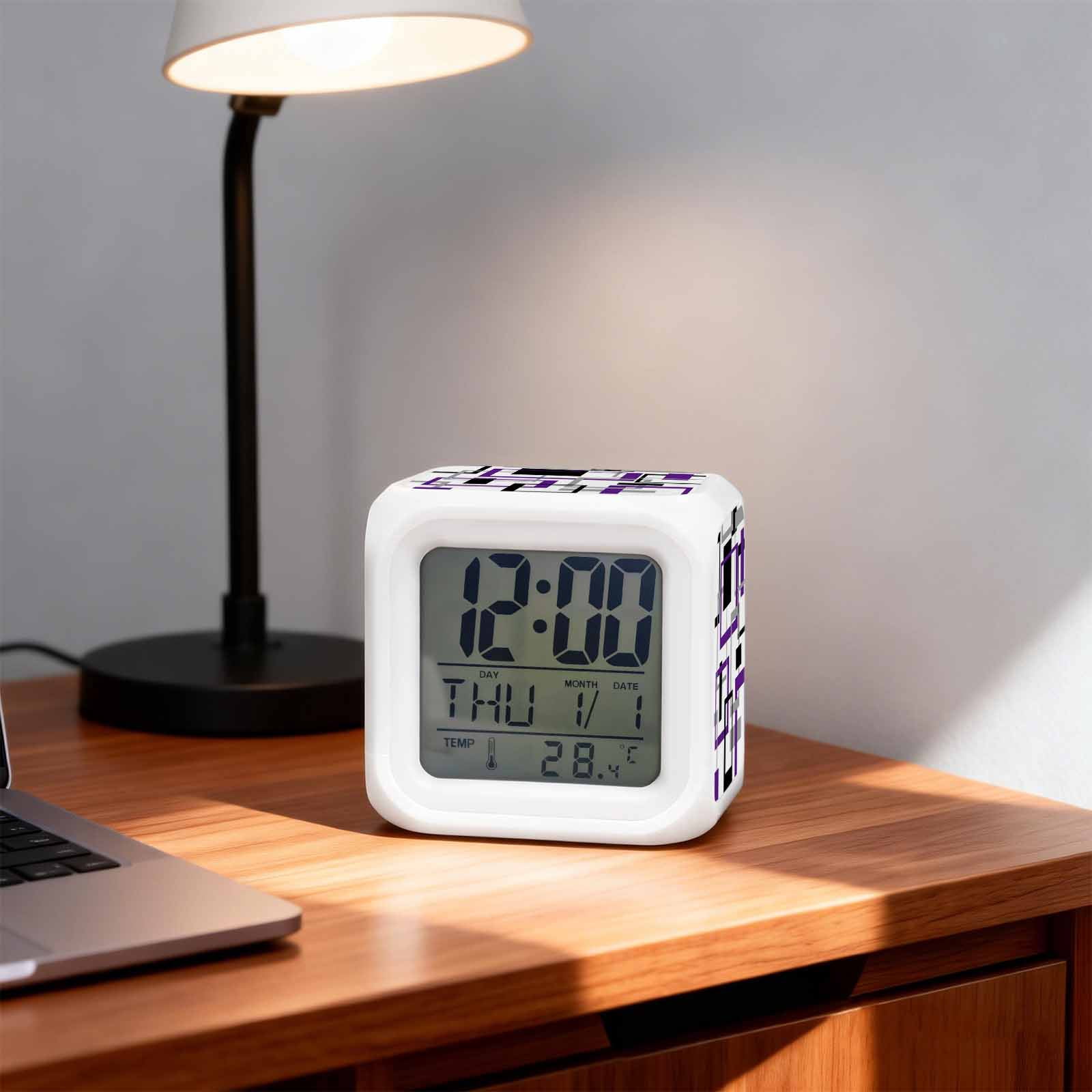 Purple Black Geometric Digital Alarm Clock for Bedrooms,Smart LED Alarm Clock with 7 Color Changing Night Light,Minimalist Stripes Abstract Art Silent Wake Up Clocks for Sleep Study Cooking 3.2"x3.2"