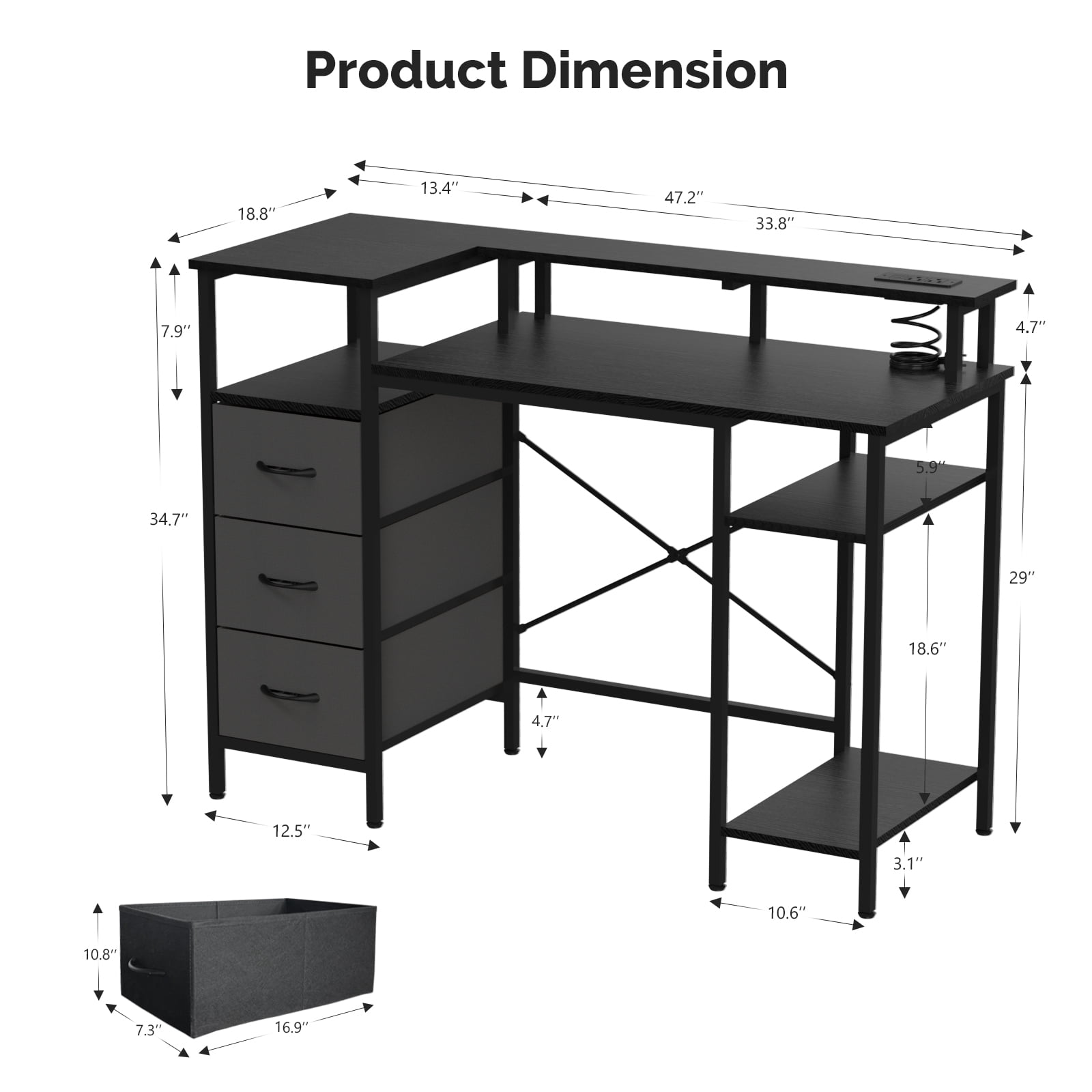 Ktaxon L-Shape Computer Desk with Charging Station 47 Inch Gaming Desk Concer PC Laptop Table with Drawers & Storage Shelves Workstation, Black