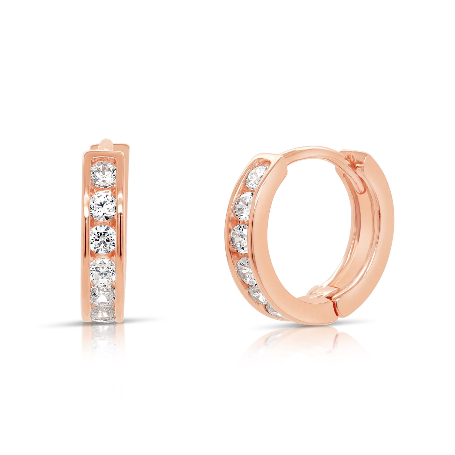 Tilo Jewelry Rose Gold Plated 925 Sterling Silver Huggie Hoop Earrings with Cubic Zirconia CZ Stones | Small 13MM | Classic Everyday Earrings | Women, Men, Unisex