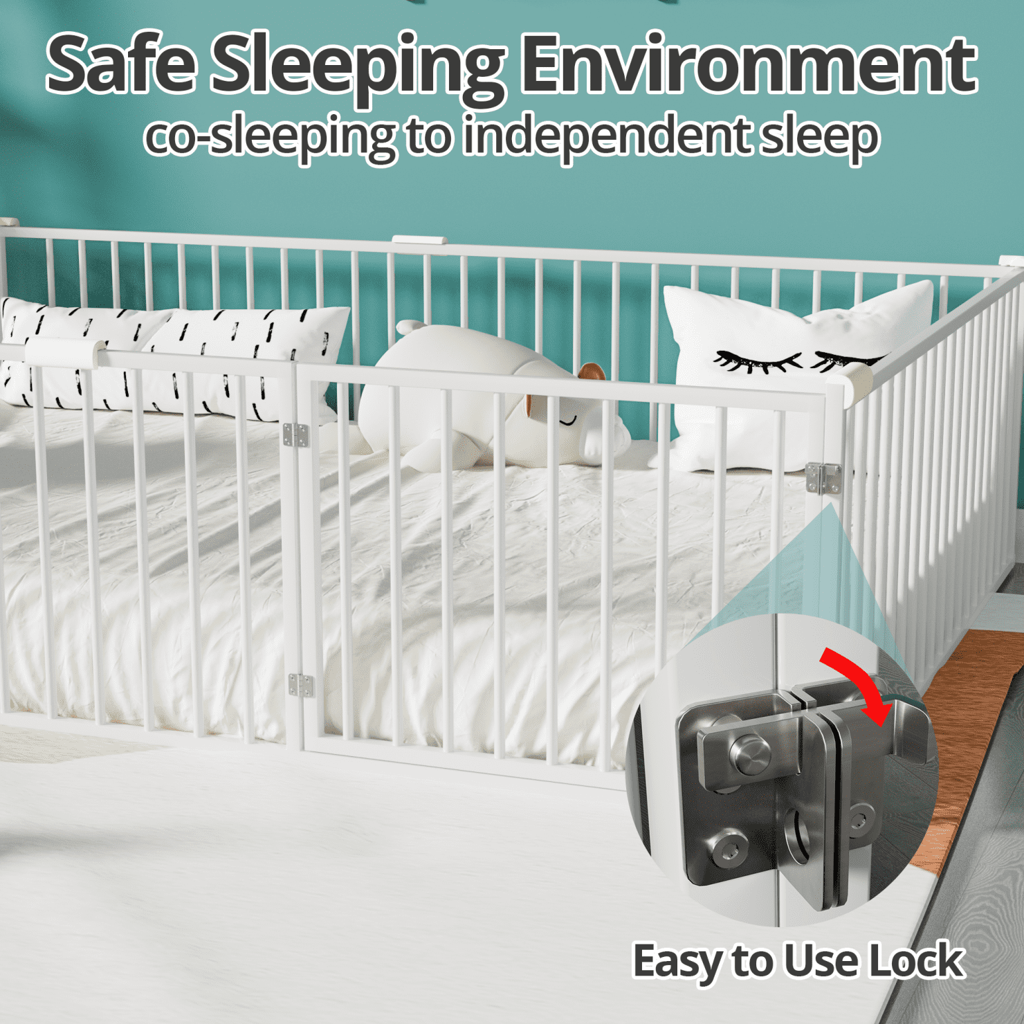 Full Size Metal Floor Bed Frame with Fence and Door, Montessori Bedframe, No Box Spring Needed, Easy to Install, White