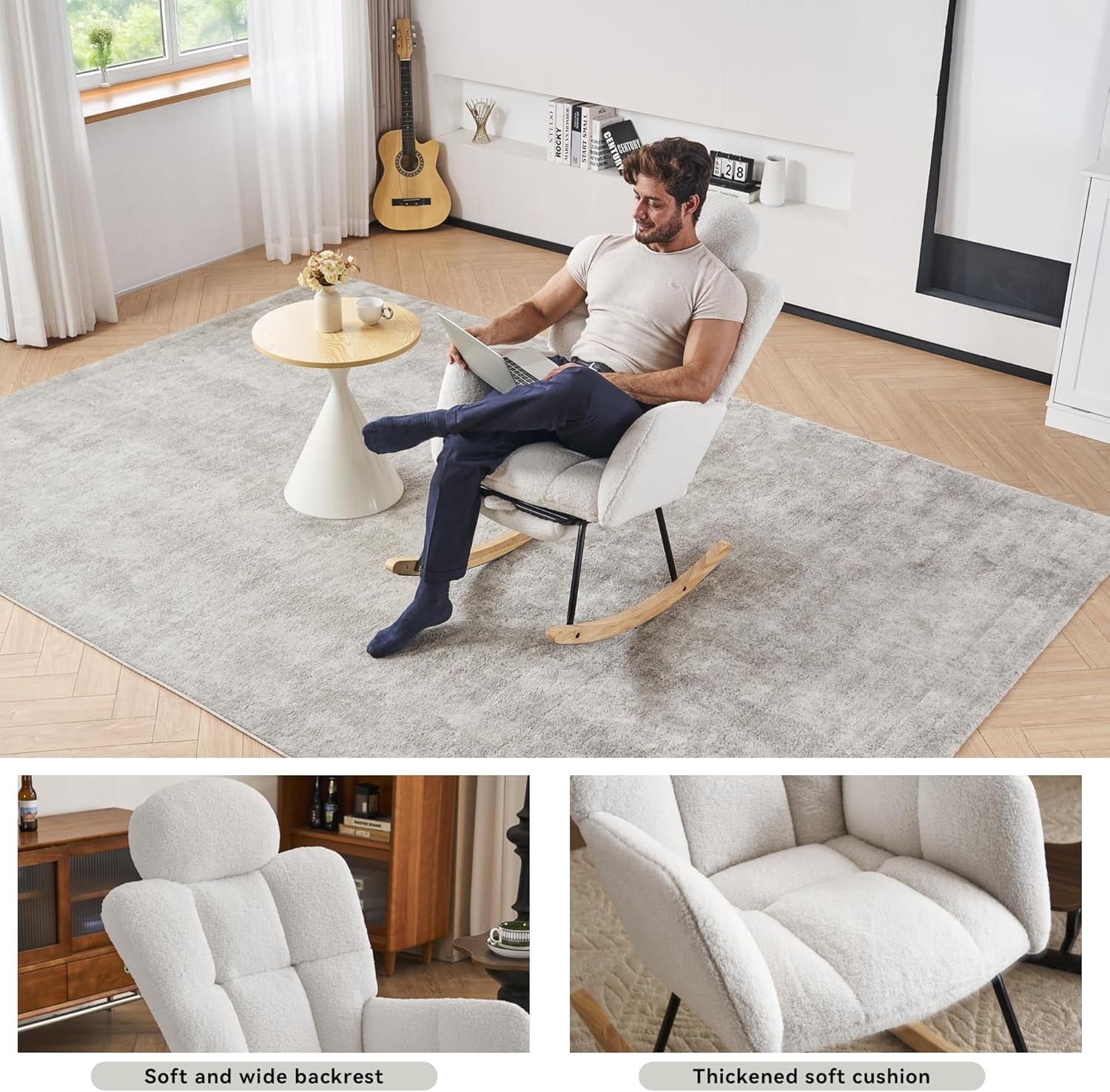 Rocking Chair Nursery Teddy Upholstered Glider Rocker High Backrest Nursery Rocker Comfortable Armchair