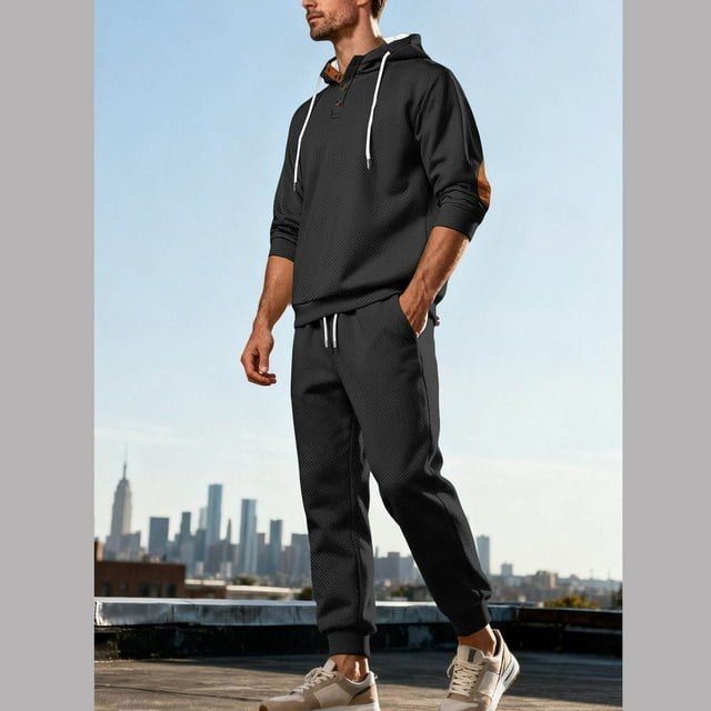 Men's Casual Solid Color Tracksuit Long Sleeve Hooded Button Front Top Drawstring Elastic Waist Pants Outwear Jackets Sets