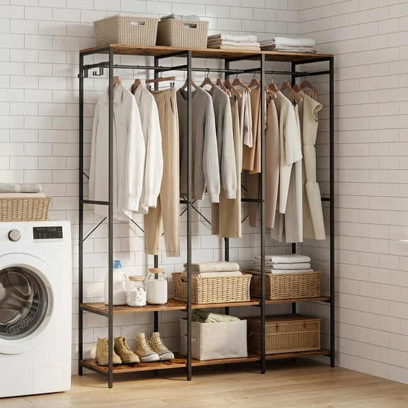LEDREM Heavy Duty Garment Rack , Iron and Wood Closet Organizer with Hanging Rods & Shelves , Freestanding Storage for Bedroom , 70.9 Inch ,Rustic Brown