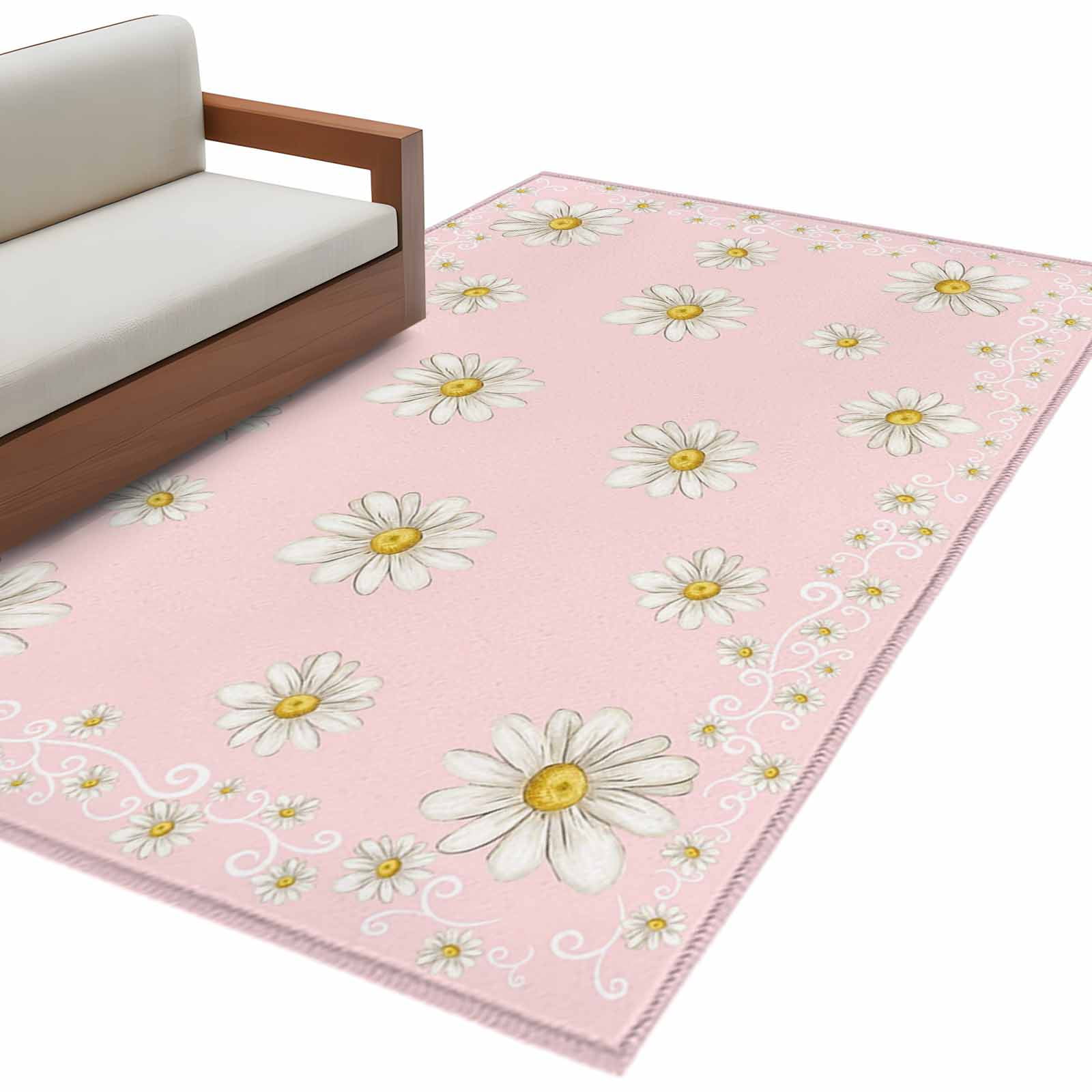 Pink Daisy Flower Washable Area Rugs 3 x5 Farmhouse Floral Summer Country Low Pile Throw Living Room Rug Non-Slip Sturdy Edge Binding Carpet for Indoor Entryway Bedside Kitchen