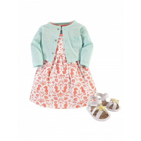 (sea, 6-9m) - Cardigan, Dress & Shoes, 3pc Outfit Set (Baby Girls)
