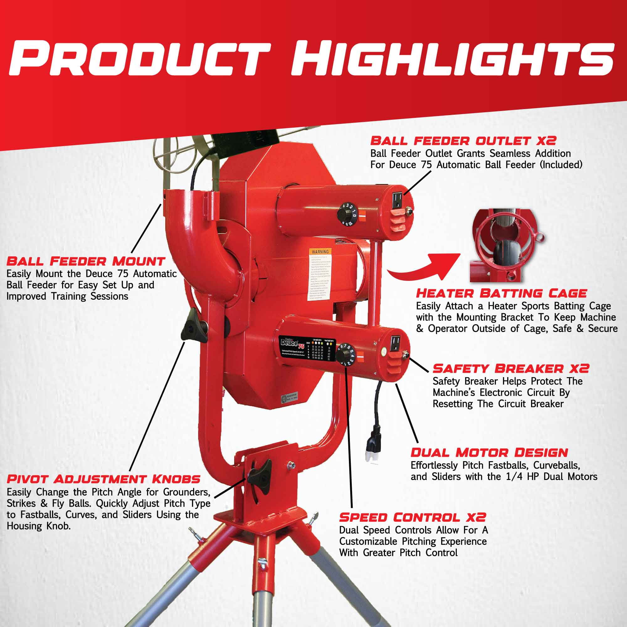 Heater Sports ピッチングマシン Heater Sports Electronic Baseball Pitcher - Deuce 75 MPH 2 Wheel