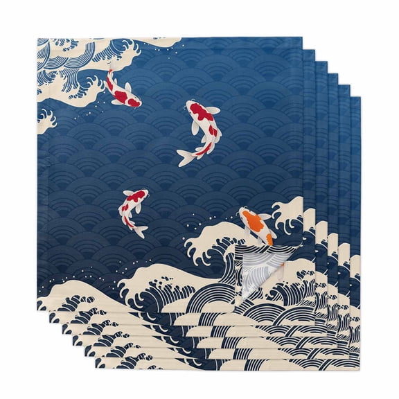 Coastal Wave Cloth Napkins, Japanese Style Ocean Fish Blue Washable and Reusable Dinner Napkins Set of 6, Table Napkin for Kitchen Party Birthday Wedding Hotel Housewarming 20"x20"