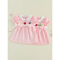 thumbnail image 3 of BemeyourBBs Toddler Baby Girl Back to School Dresses Kids Kindergarten Outfits Baby Girl Summer Dress with Bows Striped Apple Embroidered Puff Short Sleeve Doll Collar Causal A-line Dress, 3 of 9