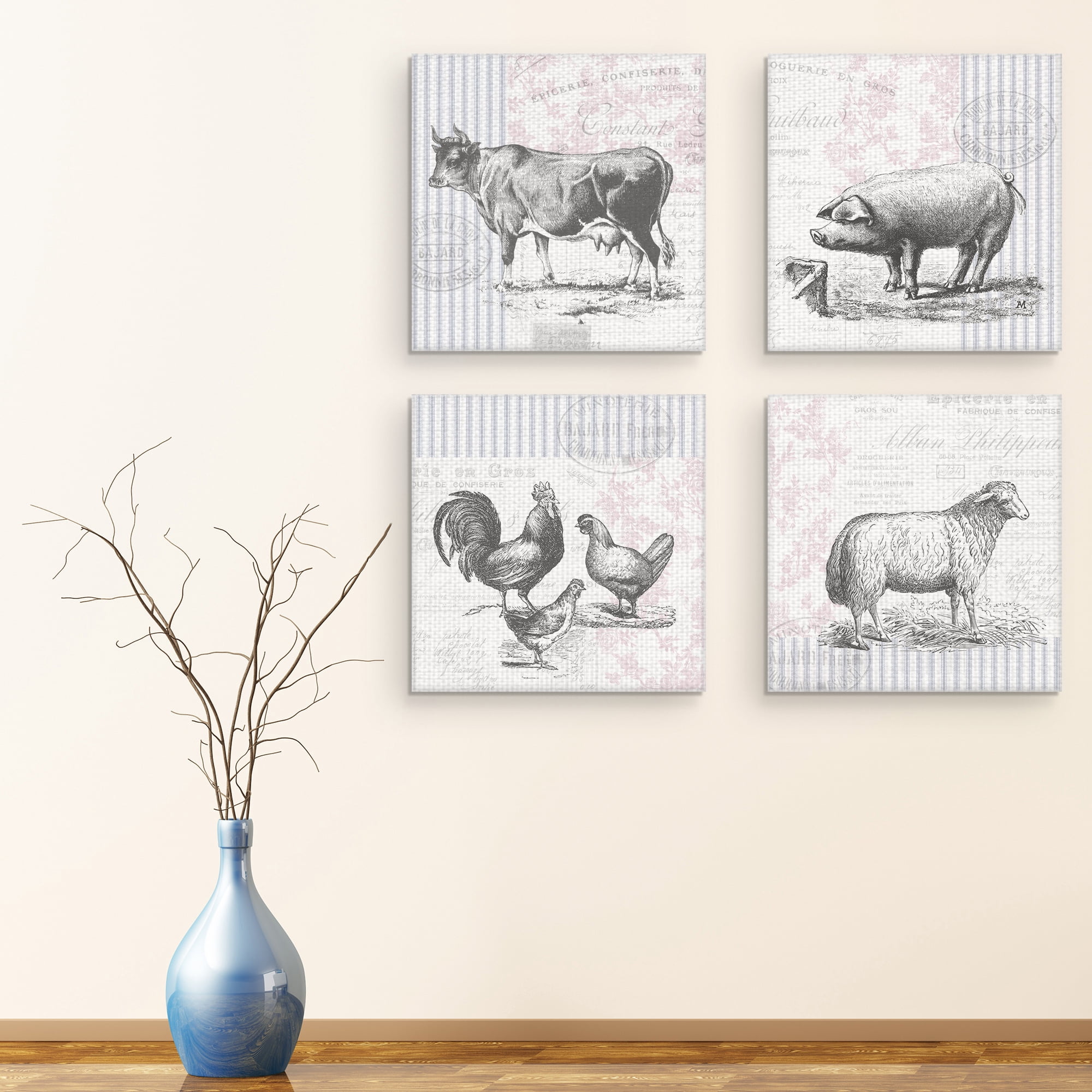 Masterpiece Art Gallery Ticking Cow, Pig Rooster and Sheep by Lynnea Washburn Canvas Art Print Set of 4 (16" x 16")