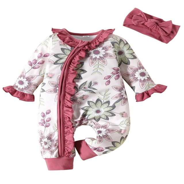 Newborn Baby Girls Long Sleeve Rompers Floral Print Ruffles Zipper Jumpsuits Bodysuit + Headband