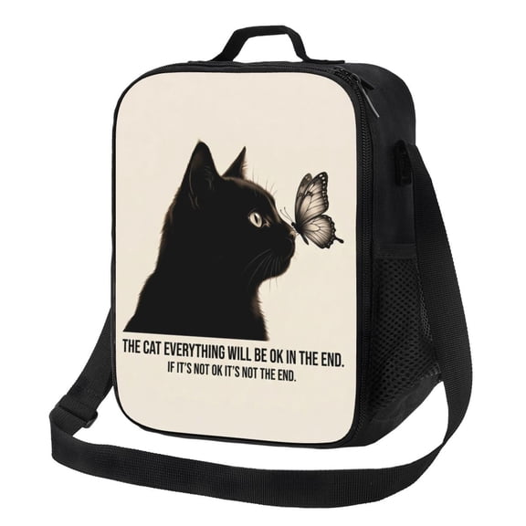 Black Cat Lunch Box Insulated Thermal Leakproof Cute Funny Whimsical Cat Reusable Lunch Bag With Shoulder Strap Large Capacity For Office Travel